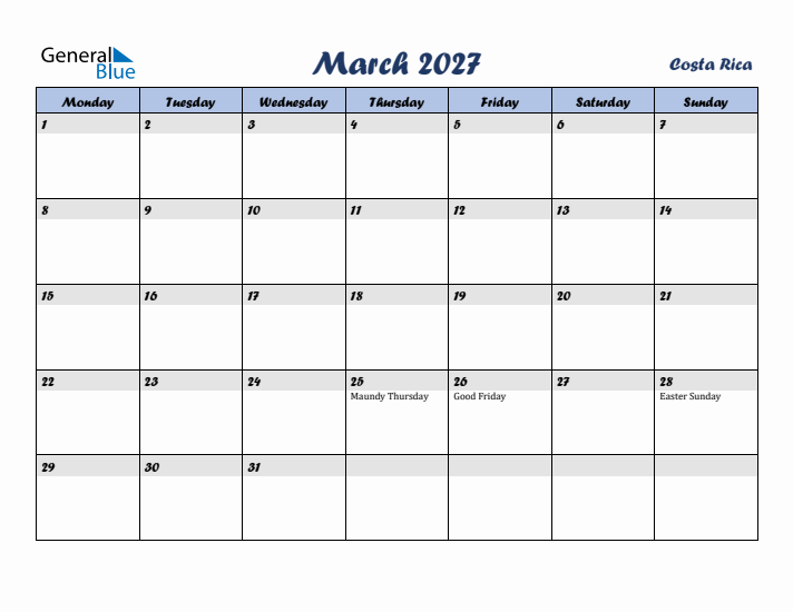 March 2027 Calendar with Holidays in Costa Rica