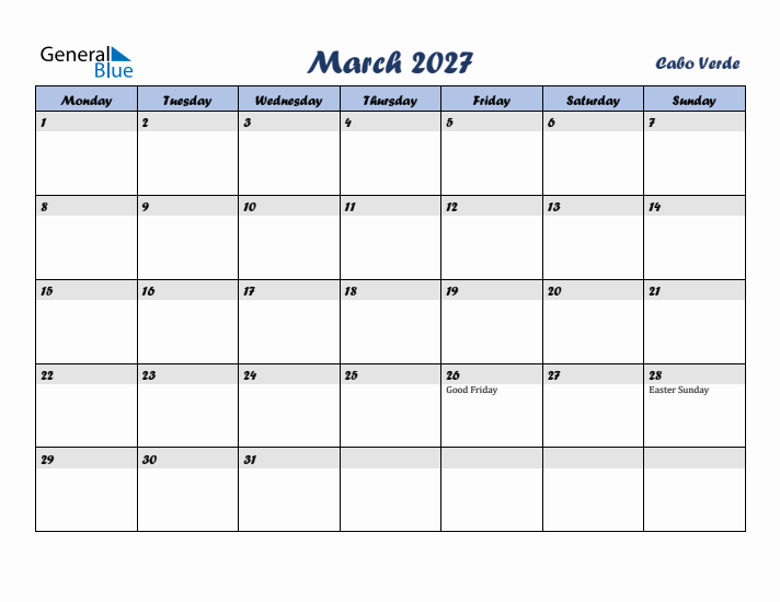 March 2027 Calendar with Holidays in Cabo Verde