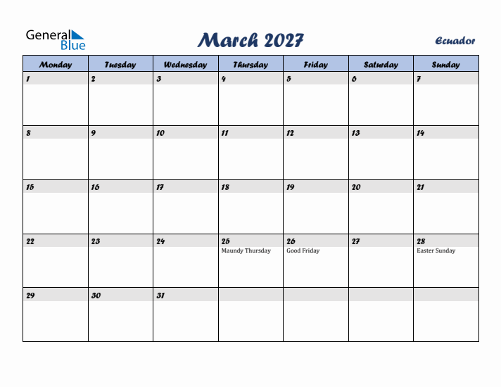 March 2027 Calendar with Holidays in Ecuador