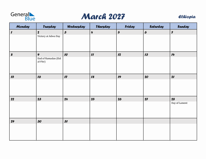 March 2027 Calendar with Holidays in Ethiopia