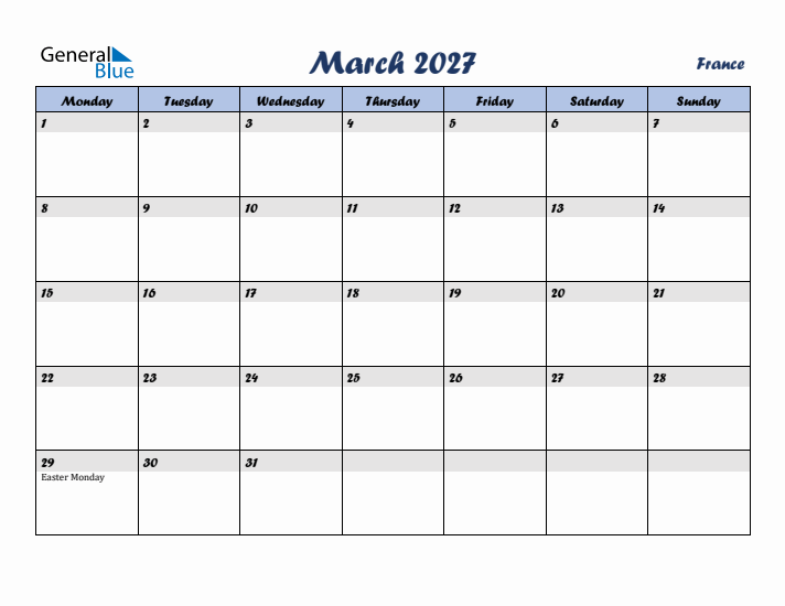 March 2027 Calendar with Holidays in France