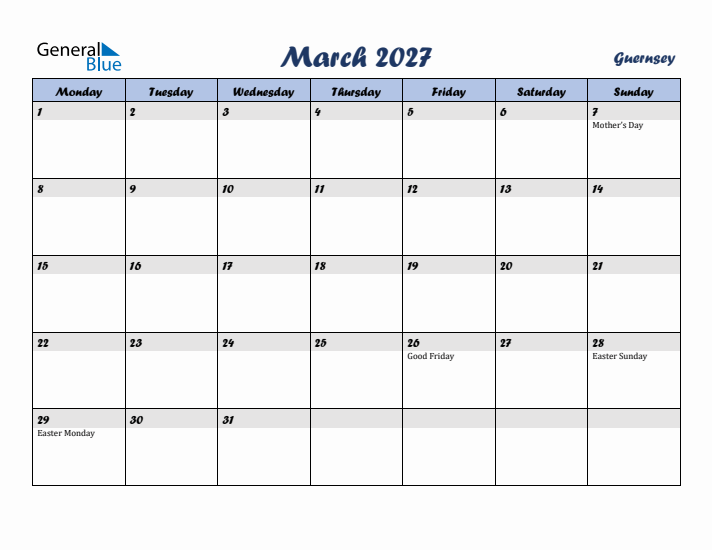 March 2027 Calendar with Holidays in Guernsey