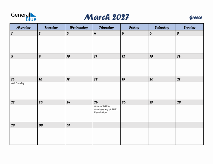 March 2027 Calendar with Holidays in Greece