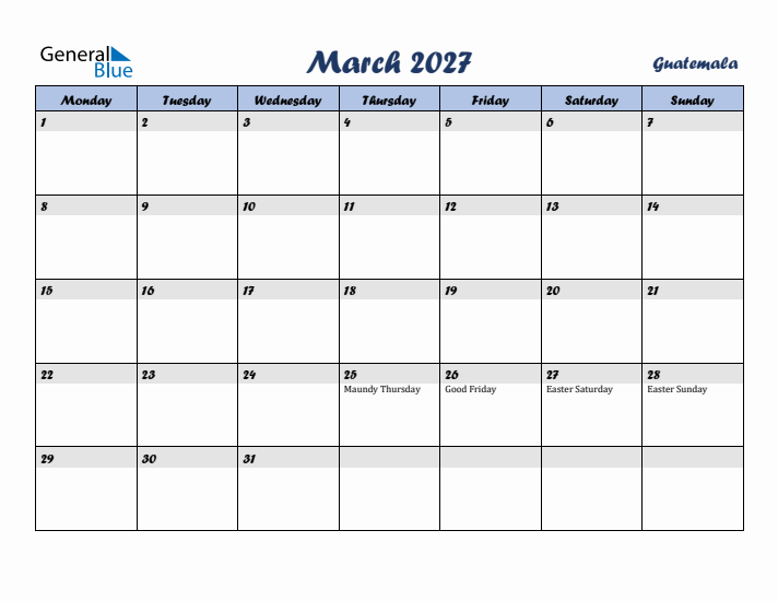 March 2027 Calendar with Holidays in Guatemala