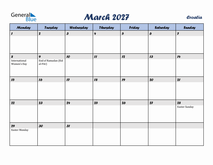 March 2027 Calendar with Holidays in Croatia