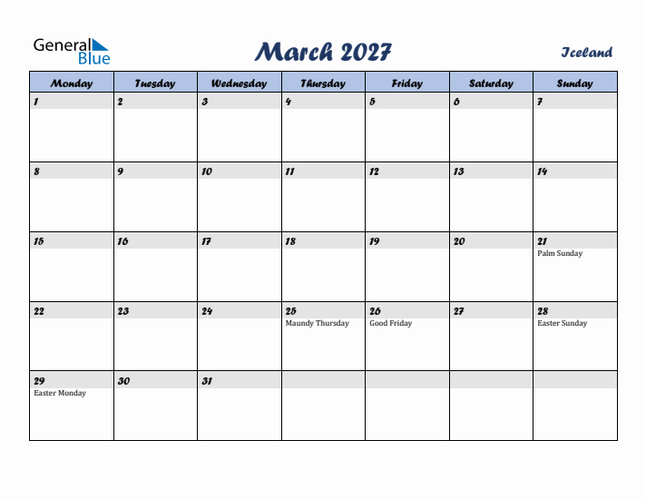 March 2027 Calendar with Holidays in Iceland