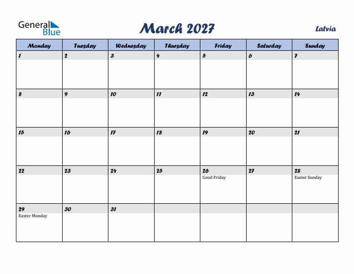 March 2027 Calendar with Holidays in Latvia