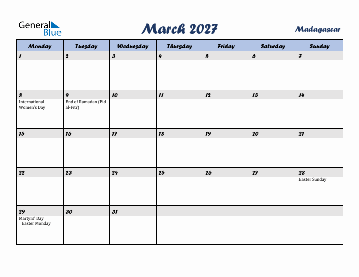 March 2027 Calendar with Holidays in Madagascar