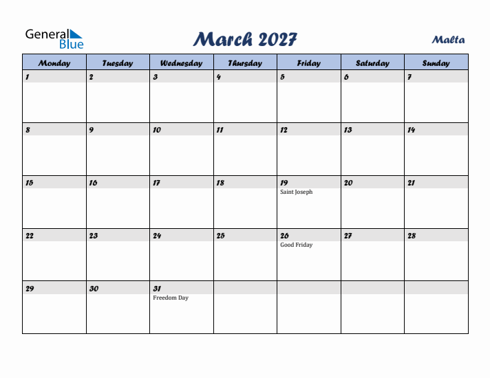 March 2027 Calendar with Holidays in Malta