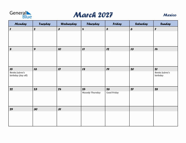 March 2027 Calendar with Holidays in Mexico