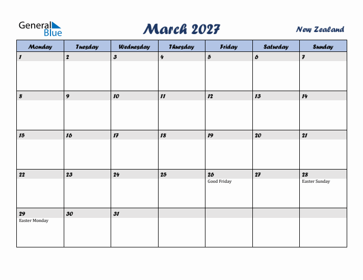 March 2027 Calendar with Holidays in New Zealand