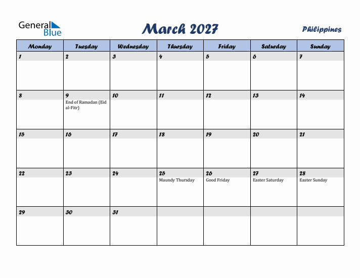 March 2027 Calendar with Holidays in Philippines