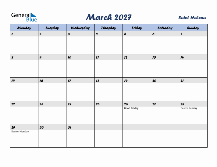 March 2027 Calendar with Holidays in Saint Helena