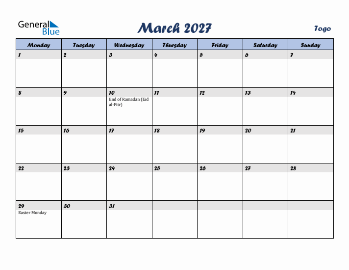 March 2027 Calendar with Holidays in Togo