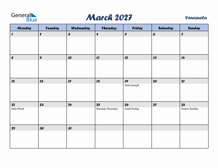 March 2027 Calendar with Holidays in Venezuela