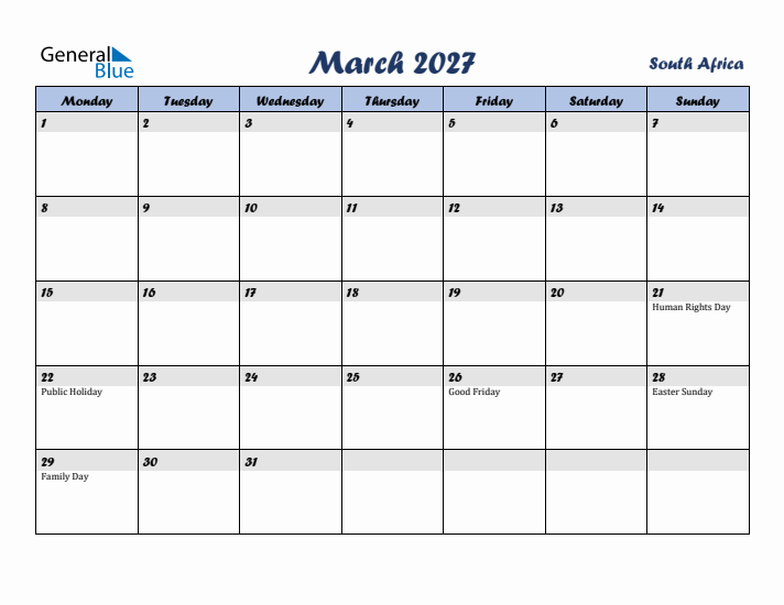 March 2027 Calendar with Holidays in South Africa