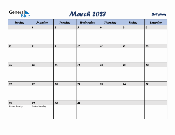 March 2027 Calendar with Holidays in Belgium