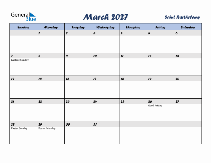 March 2027 Calendar with Holidays in Saint Barthelemy