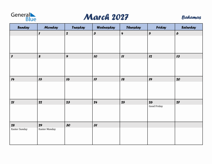 March 2027 Calendar with Holidays in Bahamas