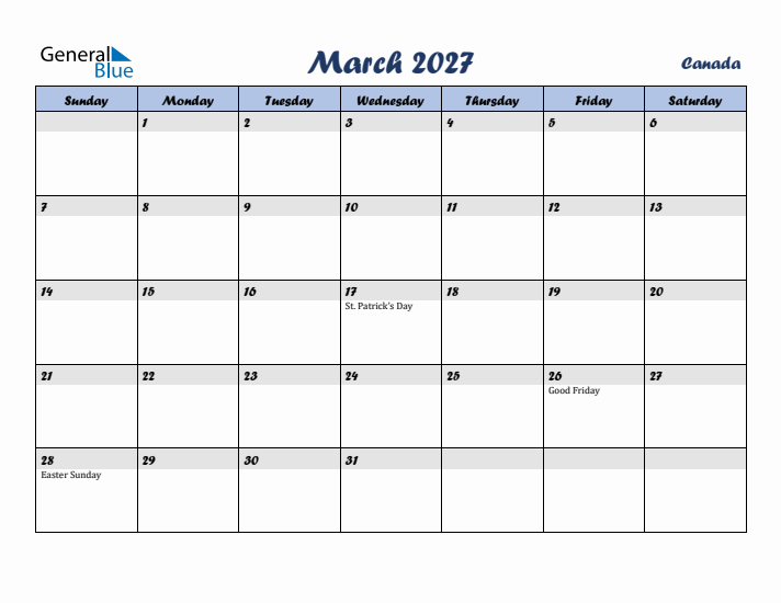 March 2027 Calendar with Holidays in Canada