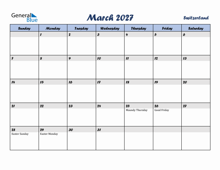 March 2027 Calendar with Holidays in Switzerland