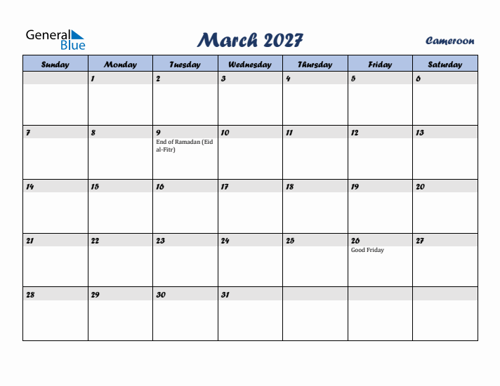 March 2027 Calendar with Holidays in Cameroon