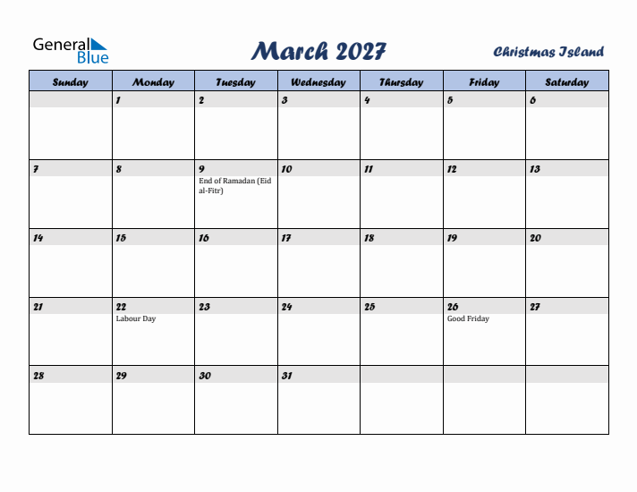 March 2027 Calendar with Holidays in Christmas Island