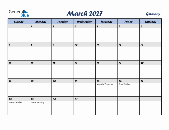 March 2027 Calendar with Holidays in Germany