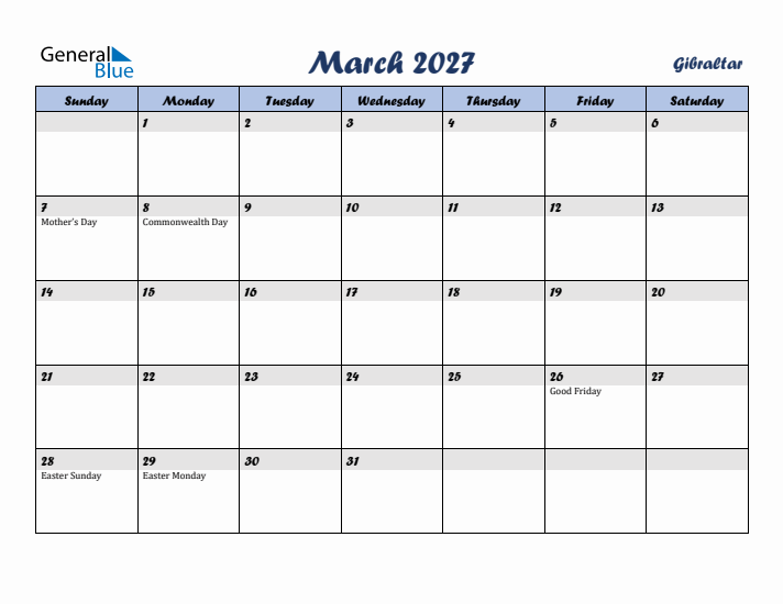 March 2027 Calendar with Holidays in Gibraltar