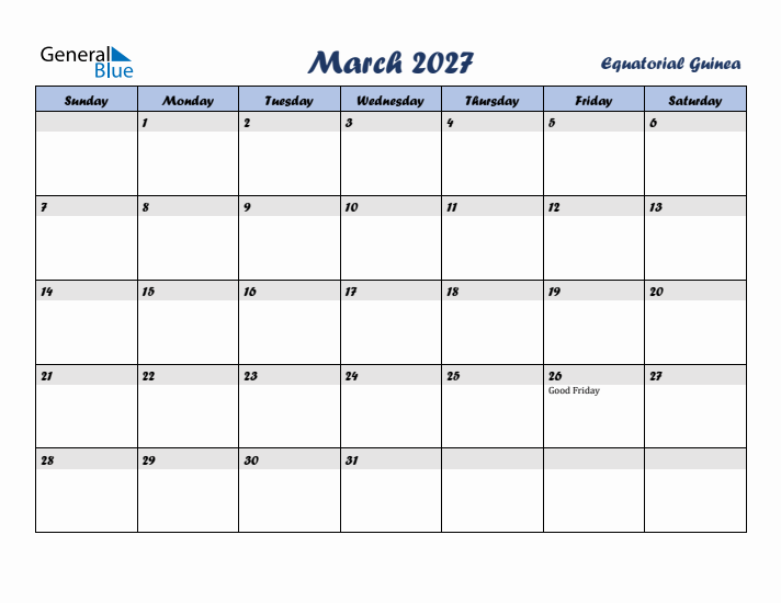 March 2027 Calendar with Holidays in Equatorial Guinea