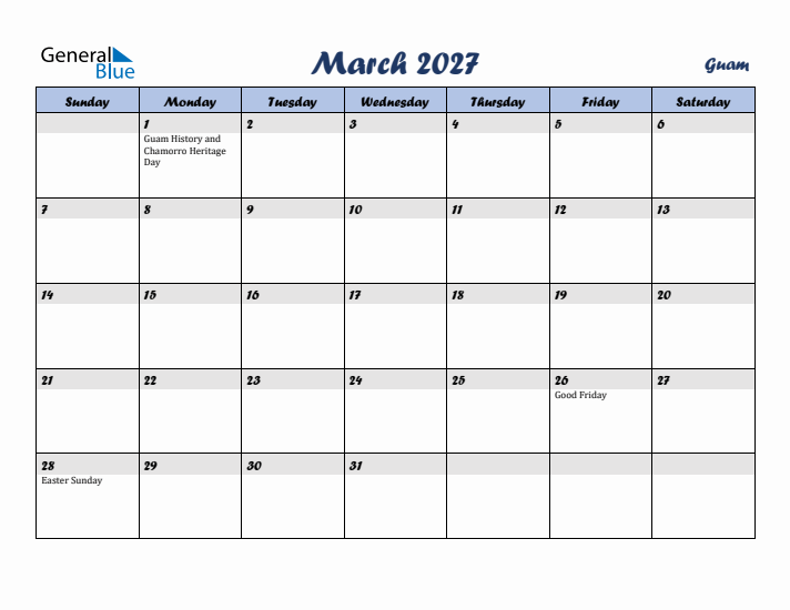 March 2027 Calendar with Holidays in Guam