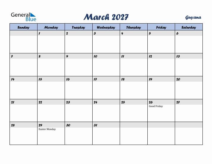 March 2027 Calendar with Holidays in Guyana