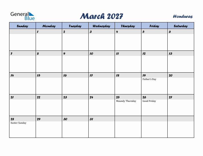 March 2027 Calendar with Holidays in Honduras