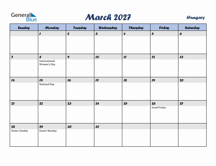 March 2027 Calendar with Holidays in Hungary