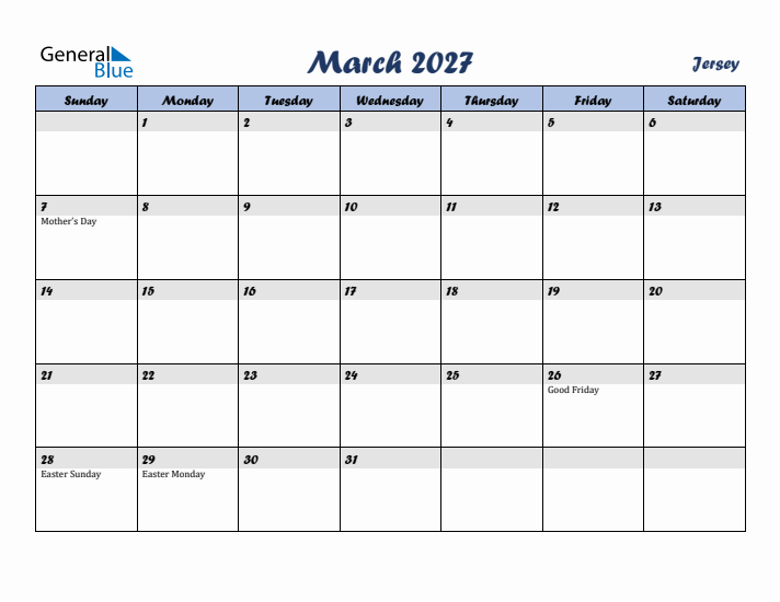 March 2027 Calendar with Holidays in Jersey