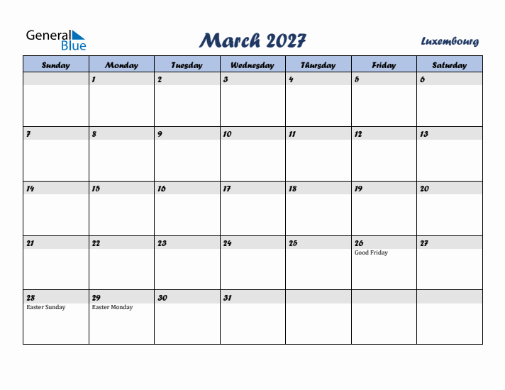 March 2027 Calendar with Holidays in Luxembourg