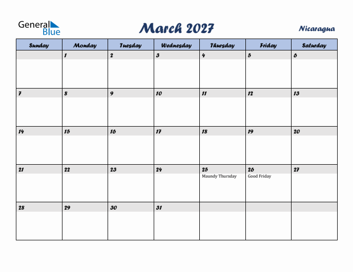 March 2027 Calendar with Holidays in Nicaragua