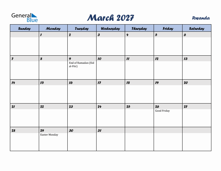 March 2027 Calendar with Holidays in Rwanda