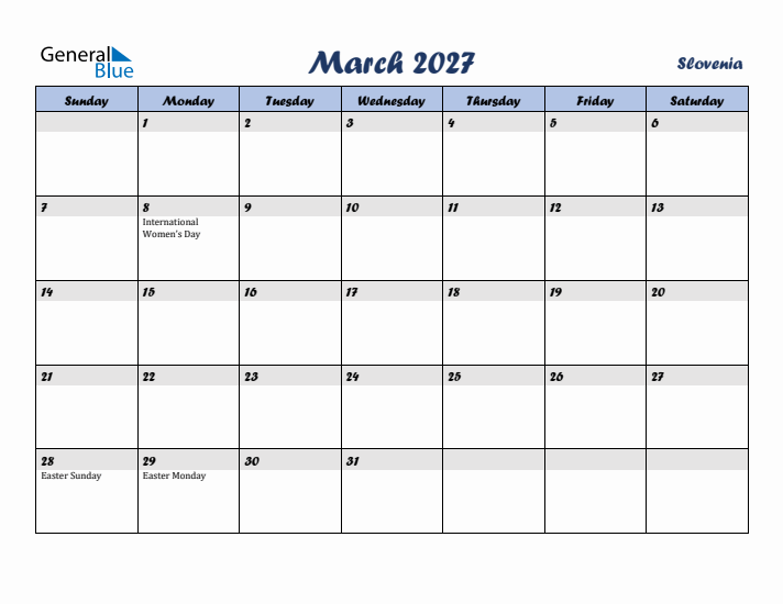 March 2027 Calendar with Holidays in Slovenia