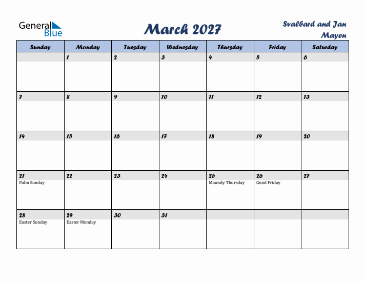 March 2027 Calendar with Holidays in Svalbard and Jan Mayen