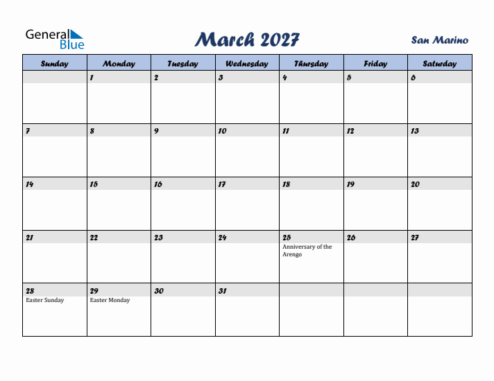 March 2027 Calendar with Holidays in San Marino