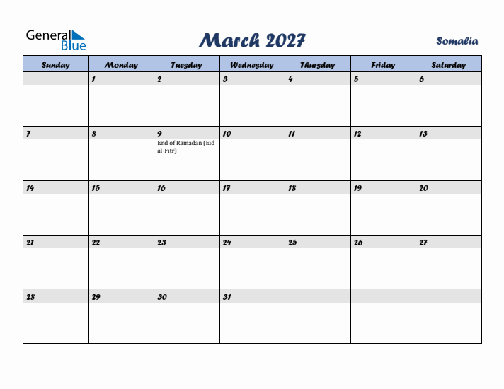 March 2027 Calendar with Holidays in Somalia