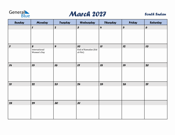 March 2027 Calendar with Holidays in South Sudan