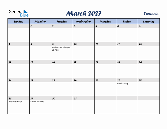 March 2027 Calendar with Holidays in Tanzania