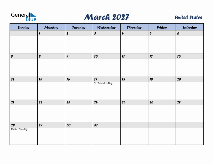 March 2027 Calendar with Holidays in United States