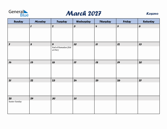 March 2027 Calendar with Holidays in Kosovo