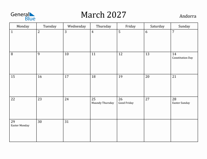 March 2027 Calendar Andorra