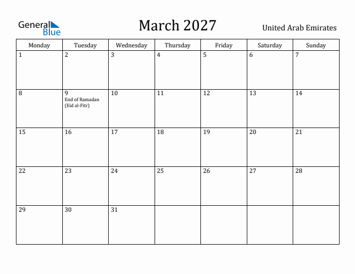 March 2027 Calendar United Arab Emirates