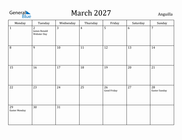 March 2027 Calendar Anguilla