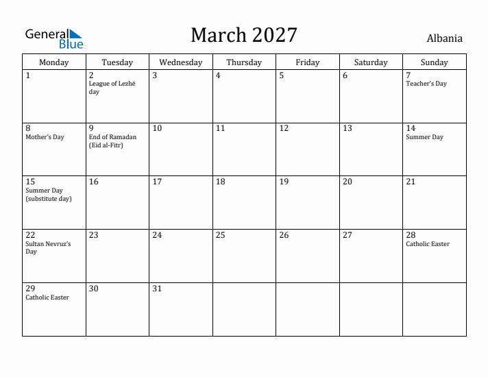 March 2027 Calendar Albania